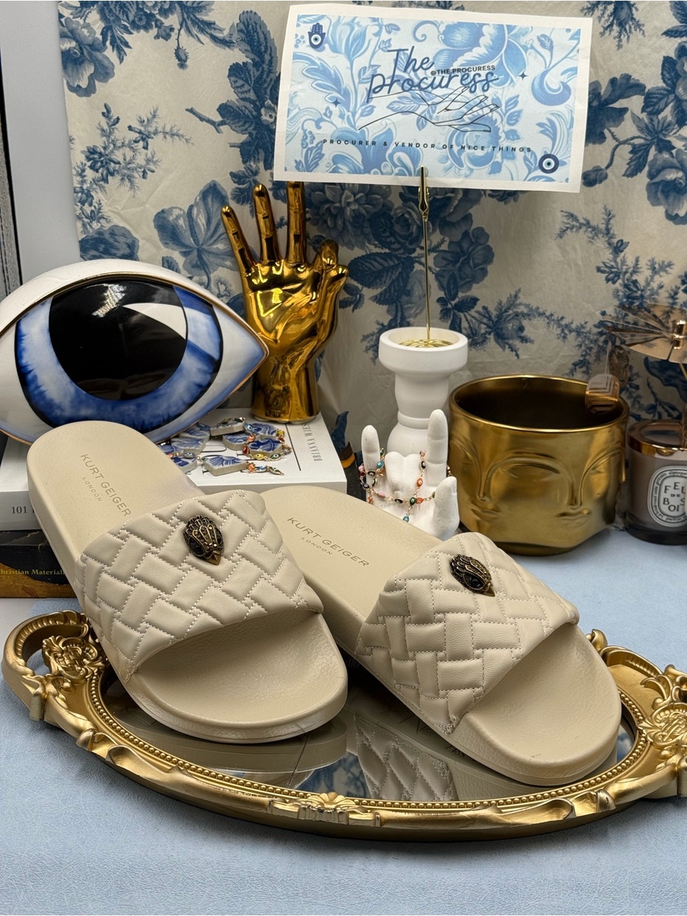 🆕 KURT GEIGER LONDON 🧿 NWOB Meena Eagle Quilted Slide, Bone - Picture 4 of 12
